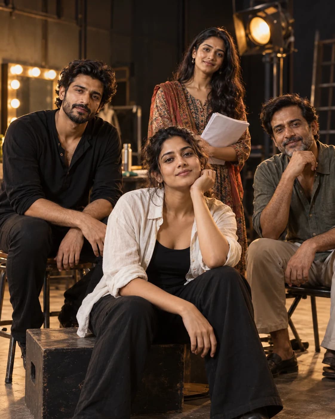 Four aspiring performers together in a film audition studio