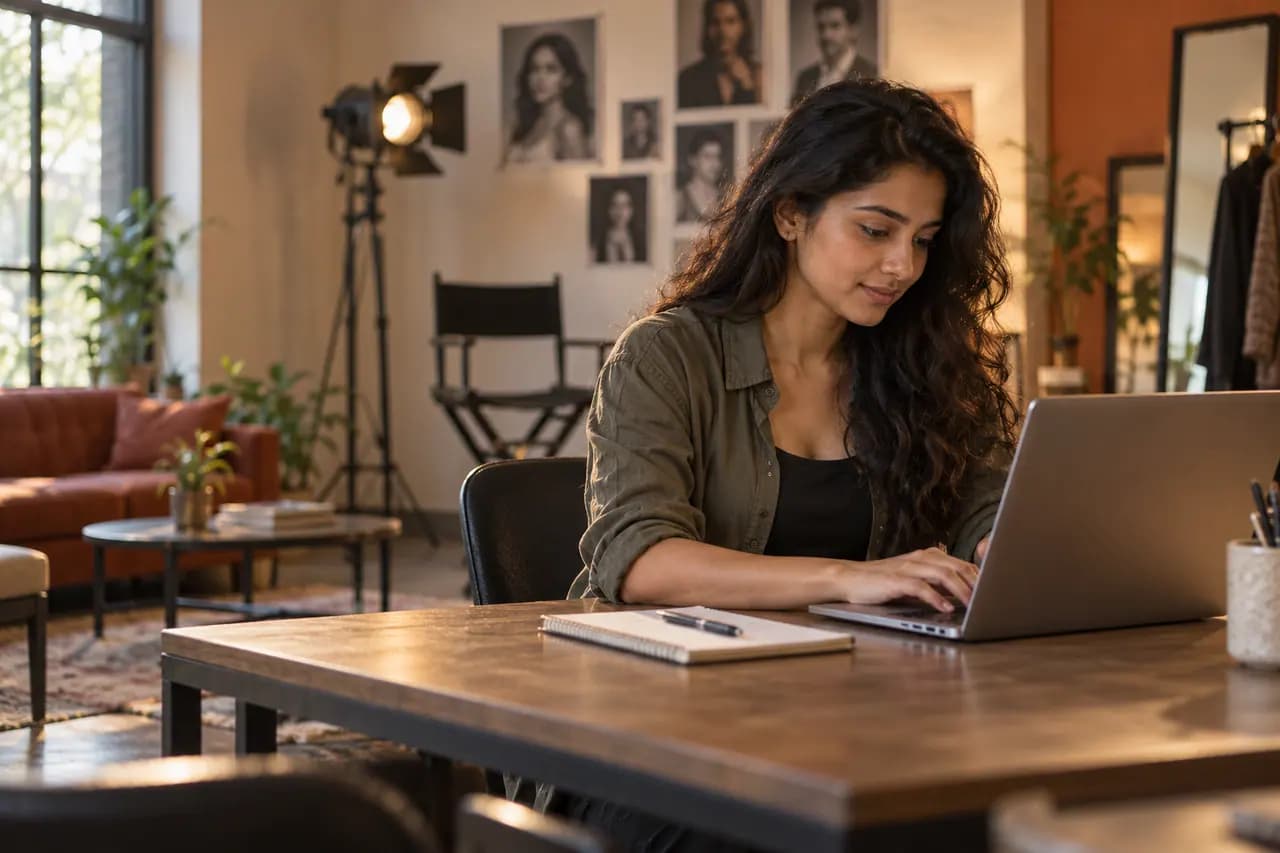 Performer entering personal details at a casting studio desk