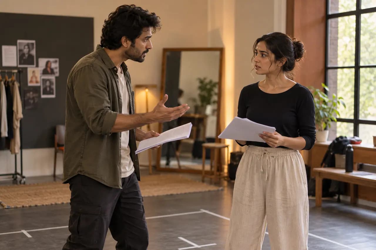 Performers rehearsing together in a studio