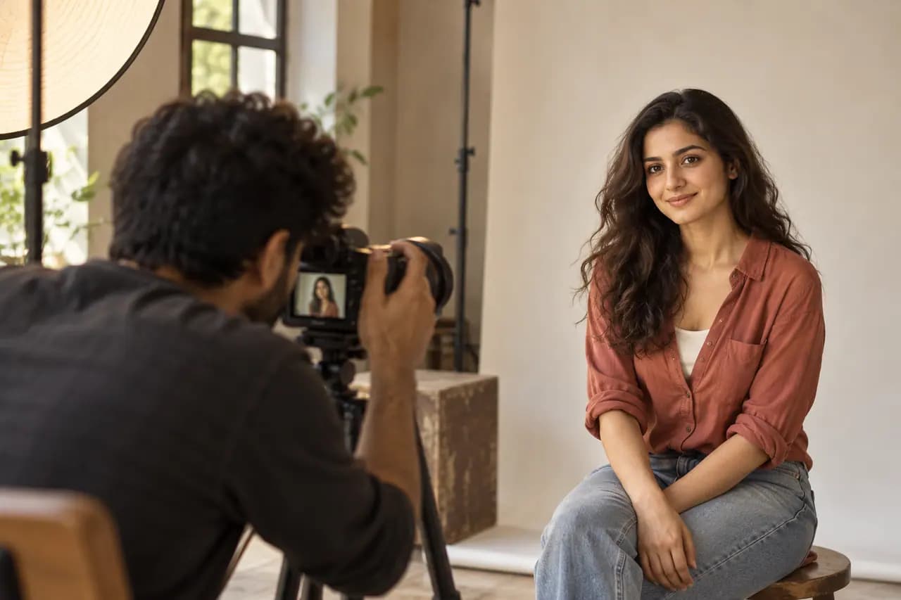 Performer having a natural portrait taken in a daylight studio