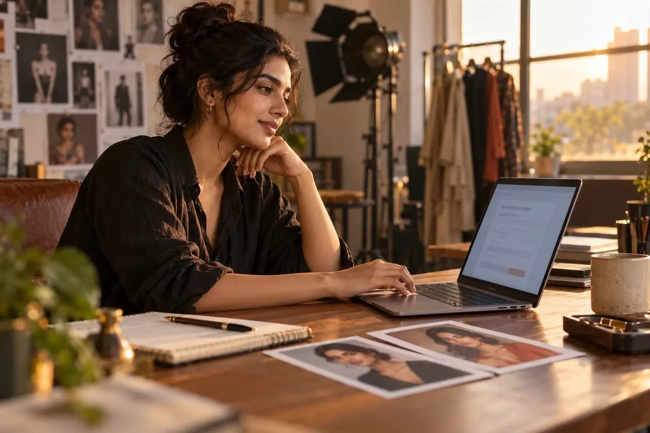 Performer reviewing a talent application beside printed portrait photos